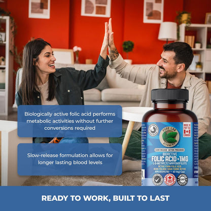 Pure Lab 维生素 | 缓释生物活性叶酸 1 毫克 | 60 粒胶囊 | 女性维生素 B9 叶酸补充剂 | 孕期叶酸 | L-5-MTHF 补充剂 | 免疫系统支持和心血管