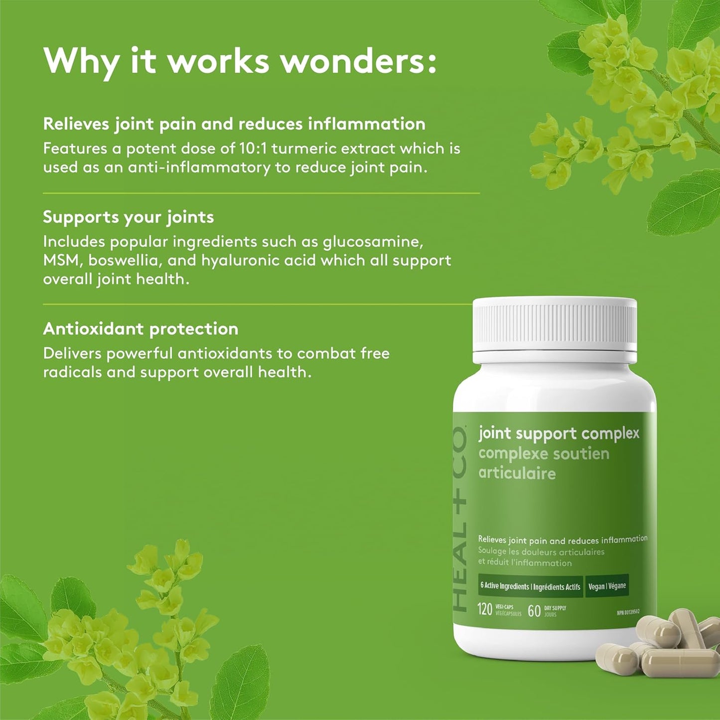 HEAL + CO. 关节支持复合物，含 6 种天然活性成分 - 缓解关节疼痛、减少炎症、支持活动能力，120 粒素食胶囊
