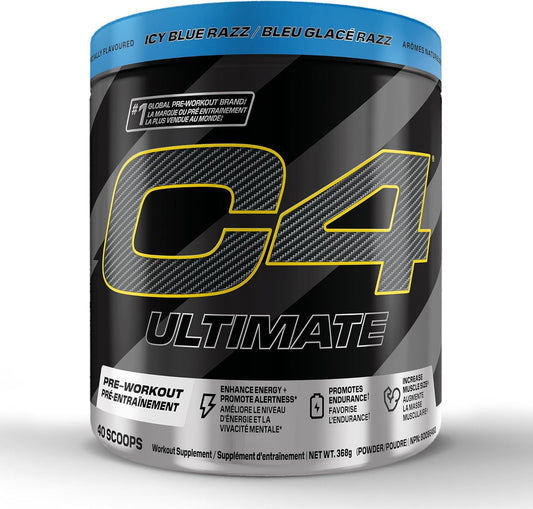 Cellucor C4 Ultimate 鍛鍊前粉 - 無糖鍛鍊前能量，含 300 毫克咖啡因和肌酸，適合男性和女性 - Icy Blue Razz，20 份