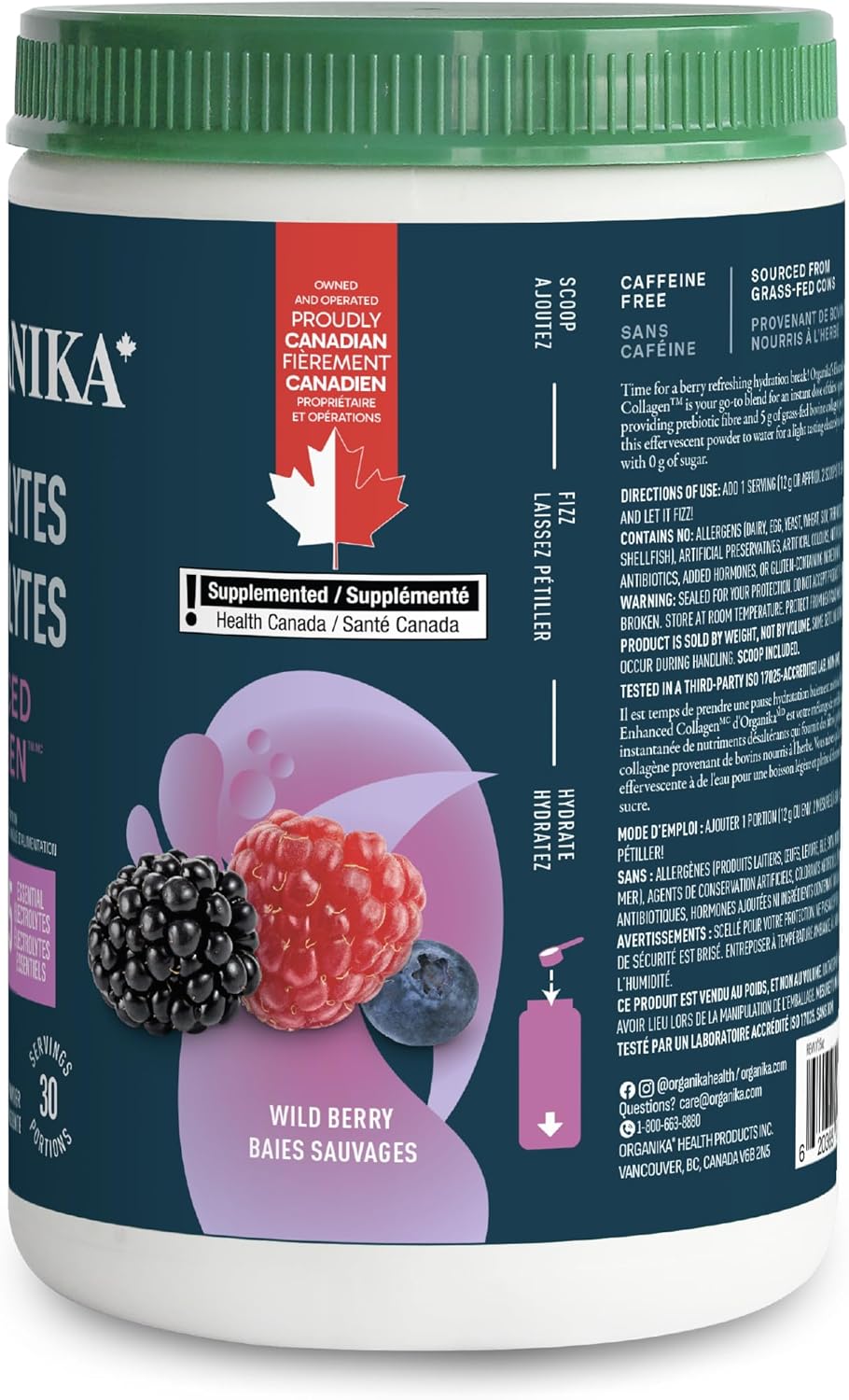 Organika 加拿大製造電解質 + 增強膠原蛋白 - 野莓口味 - 無糖補水 | 5 克蛋白質 + 100% 每日所需維生素 C | 360 克，30 份