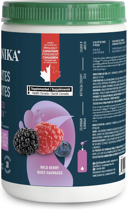 Organika 加拿大製造電解質 + 增強膠原蛋白 - 野莓口味 - 無糖補水 | 5 克蛋白質 + 100% 每日所需維生素 C | 360 克，30 份