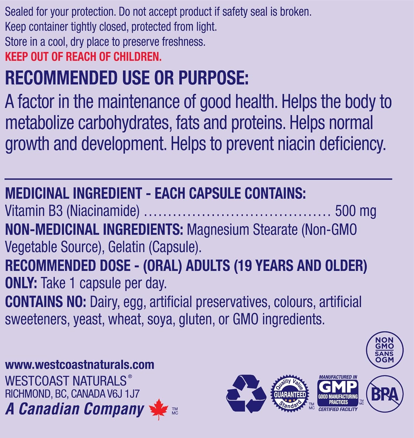 Westcoast Naturals 烟酰胺胶囊，500 毫克