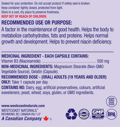Westcoast Naturals 烟酰胺胶囊，500 毫克