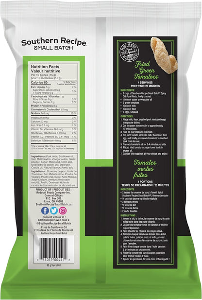 南方食譜小批量豬皮 | 辣蒔蘿炸豬皮 | 生酮友好、無麩質、低碳水化合物食品 | 每份含 7 克膠原蛋白 | 高蛋白 | 85 克/袋