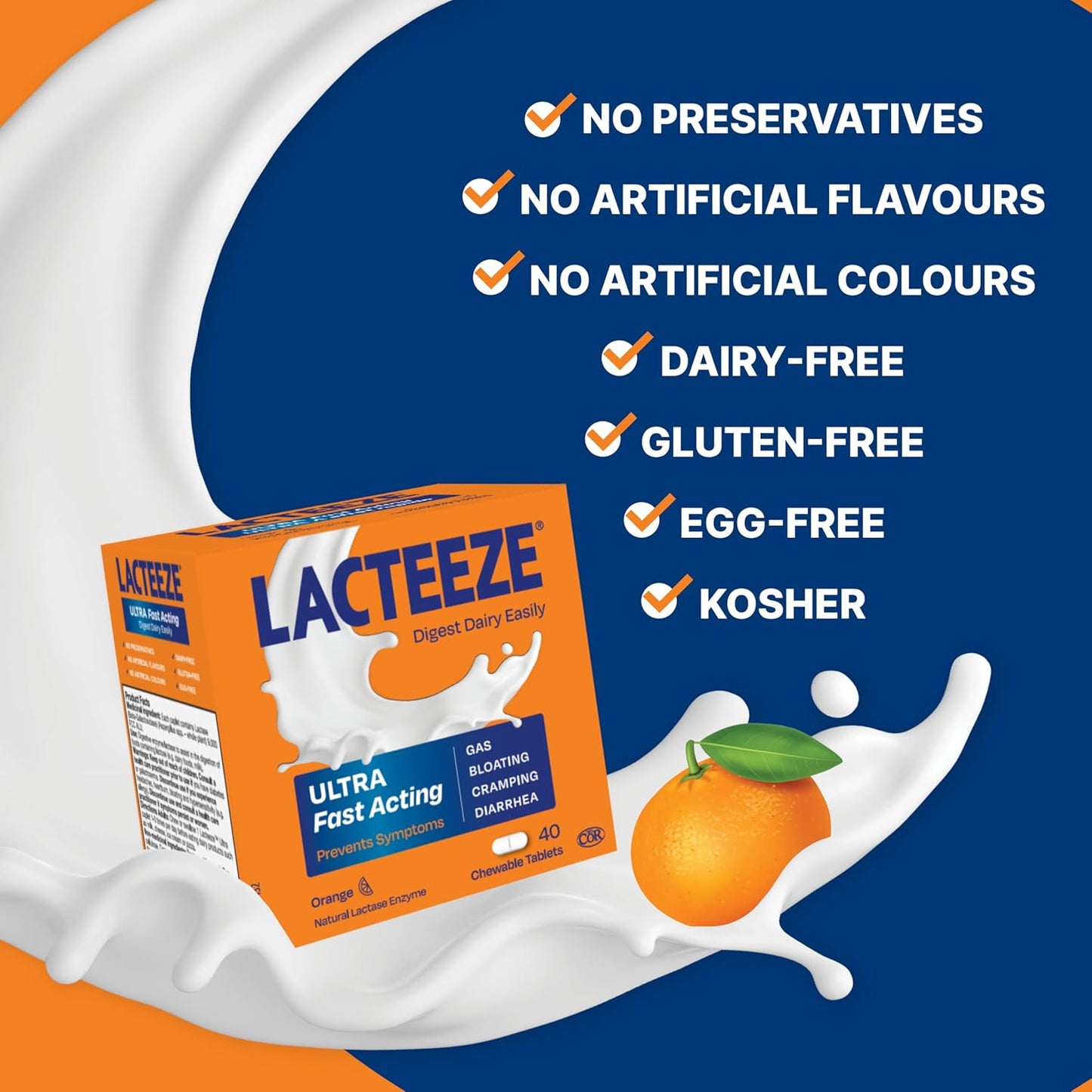 Lacteeze Ultra 橙味胶囊 - 快速缓解乳糖不耐症症状 - 9000 FCC 乳糖酶单位，咀嚼片，40 片