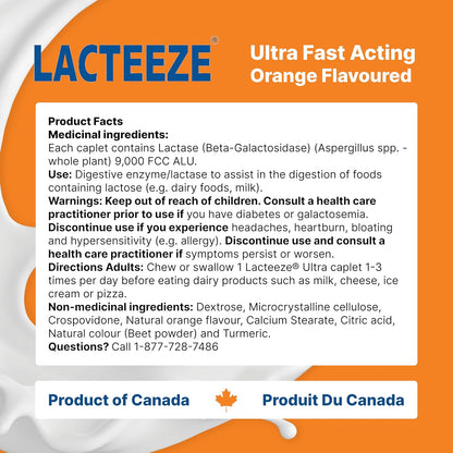 Lacteeze Ultra 橙味胶囊 - 快速缓解乳糖不耐症症状 - 9000 FCC 乳糖酶单位，咀嚼片，40 片