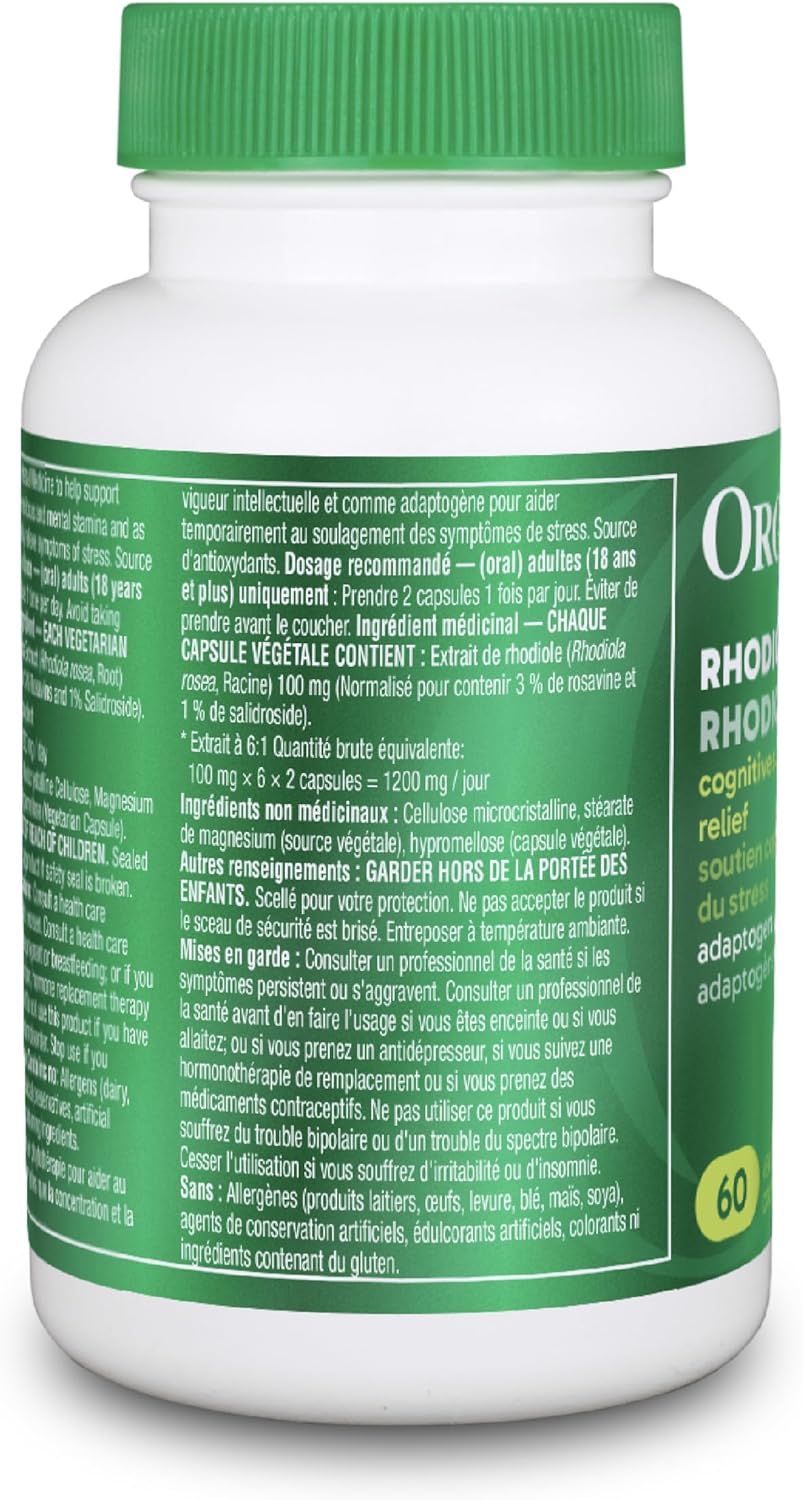 Organika 红景天提取物 100 毫克 - 3% 玫瑰果苷，1% 红景天苷 - 适应原，支持认知，集中精神应对压力 - 60 粒胶囊