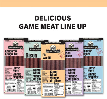 Atwood Heritage 麋鹿、豬肉和牛肉零食棒，5 根，125 克，高蛋白，無麩質，無硝酸鹽，加拿大製造