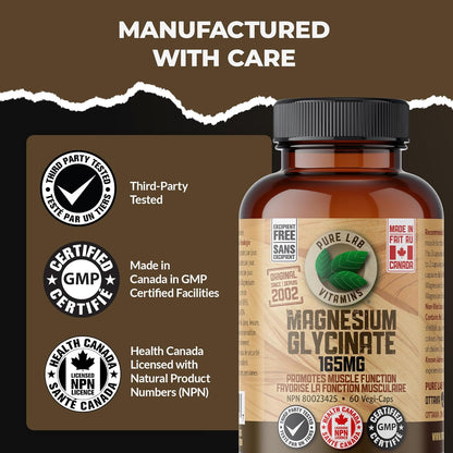 Pure Lab Vitamins 甘胺酸鎂 165 毫克 – 60 粒膠囊 - 支持肌肉功能