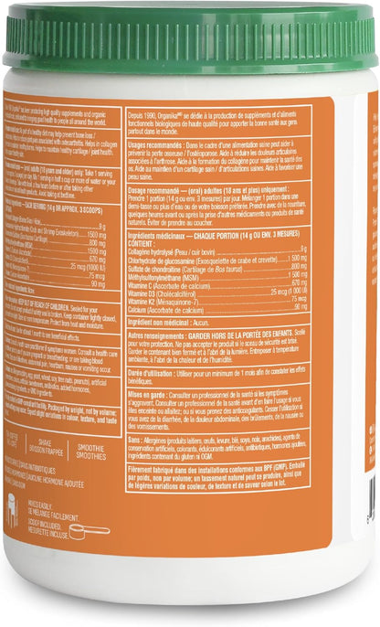 Organika Canadian-Made Enhanced Collagen Bone and Joint Powder - with Glucosamine, MSM, Chondroitin Sulfate, Vitamin D3 and K2 | Helps Restore Bone and Joint Health + Healthier Skin and Hair - 280g