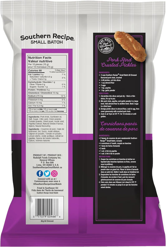 南方食谱小批量猪皮，全调味，生酮友好，无麸质，低碳水化合物，每份含 7 克胶原蛋白，高蛋白，85 克