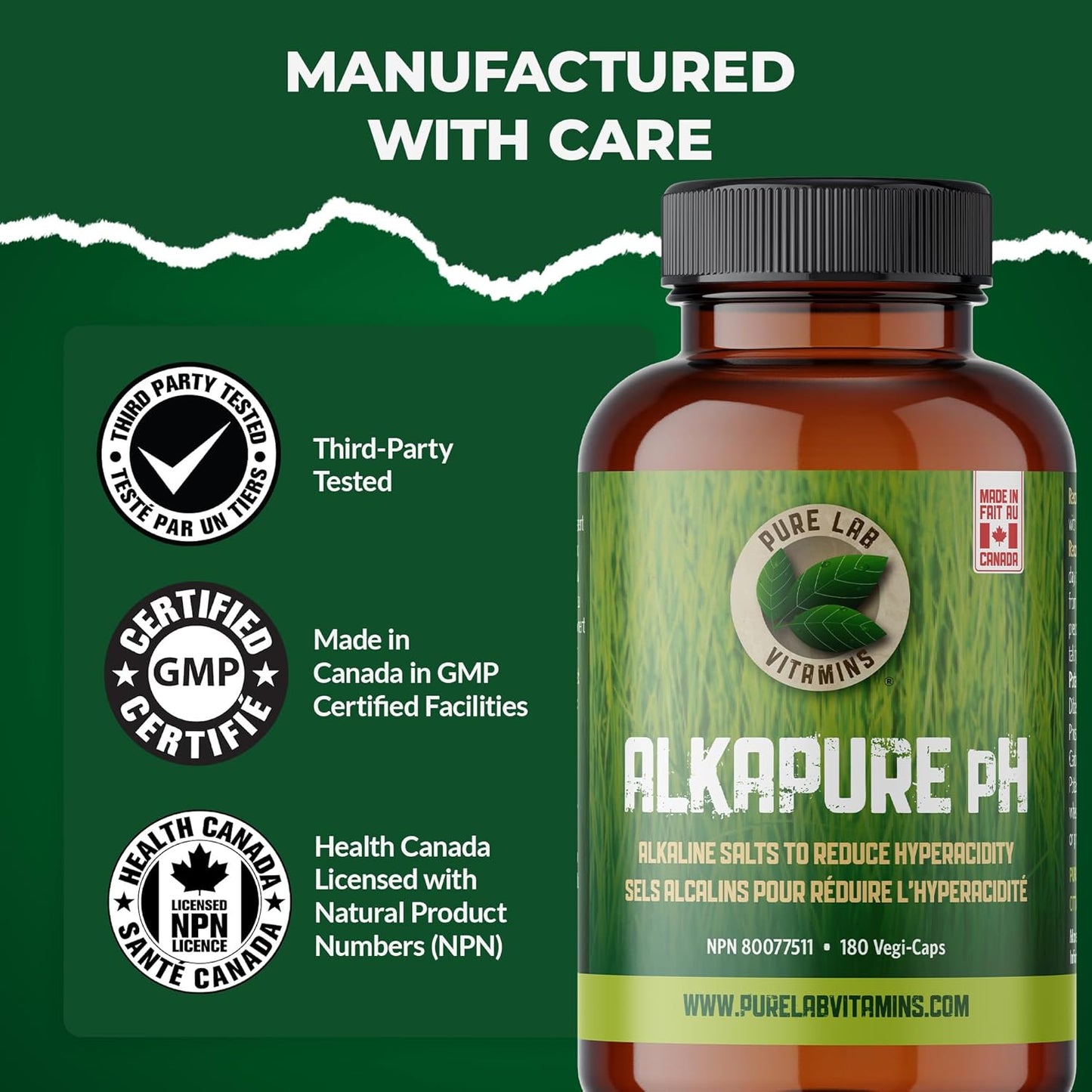 Pure Lab Vitamins - Alkapure pH -180 Vegetarian Caps - Balanced Alkaline Salts Antacid Supplement - Sodium, Potassium. Magnesium, Bicarbonate, Phosphate - Improve Body pH, Digestion Support, Calcium free