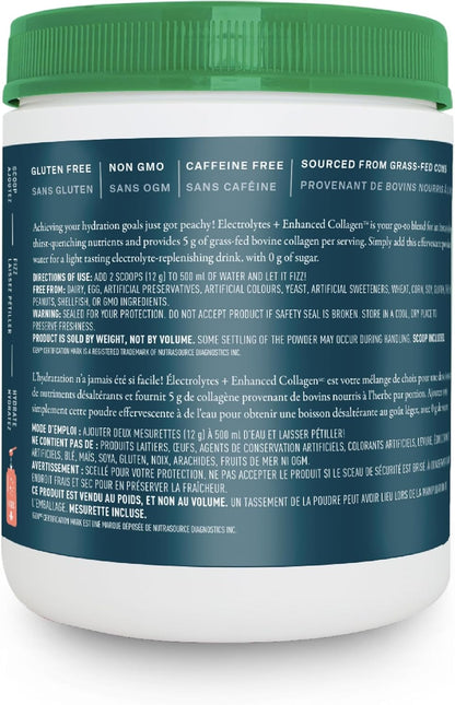 Organika Canadian-Made Electrolytes + Enhanced Collagen - Strawberry Peach Flavour - Sugar-Free Hydration | 5g Protein + 100% of Daily Vitamin C - 600g