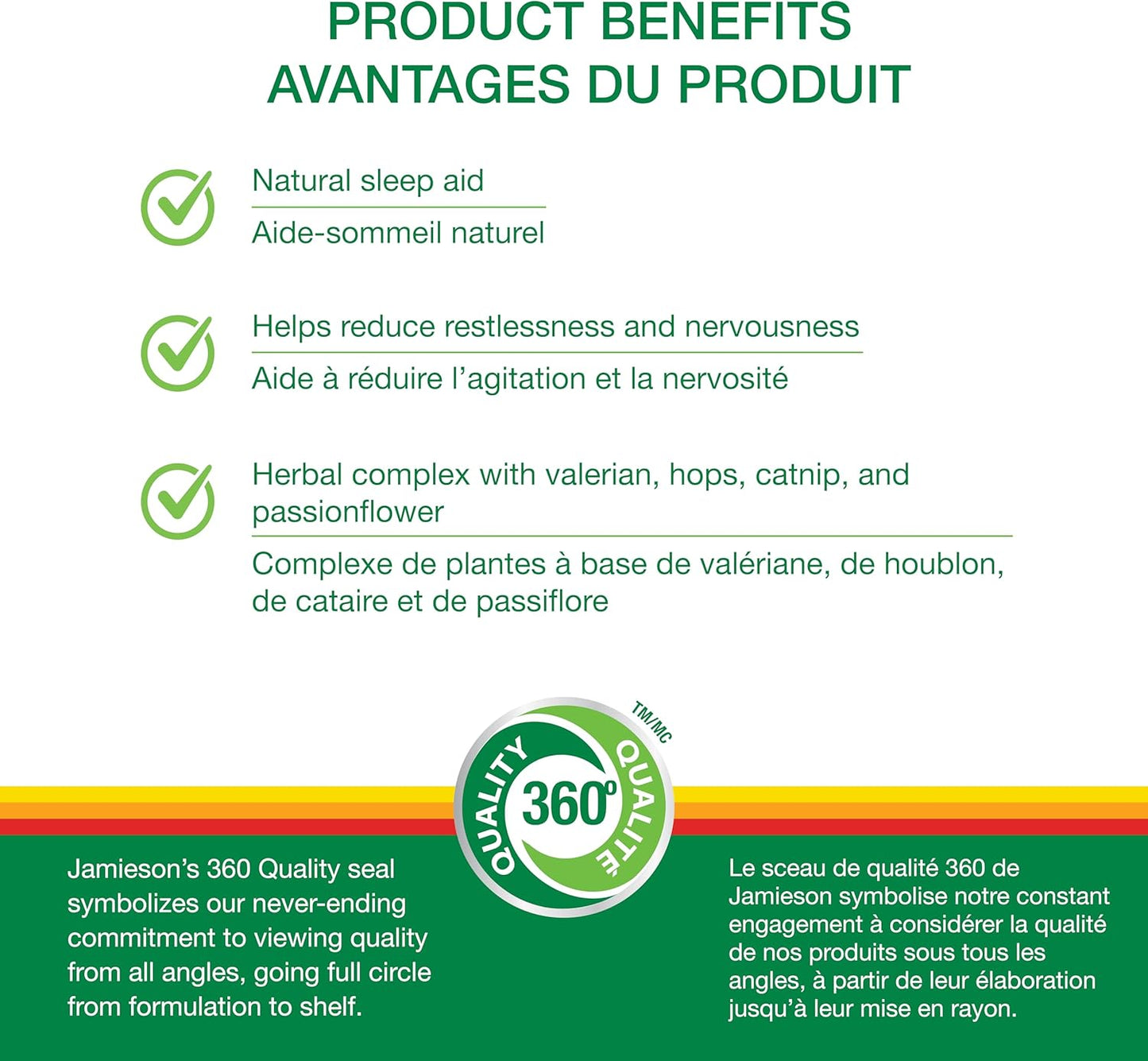 Jamieson 舒缓睡眠草本复合物，含缬草、西番莲和啤酒花，不含褪黑素。天然助眠镇静成分，非转基因，无麸质，60粒素食胶囊，加拿大制造