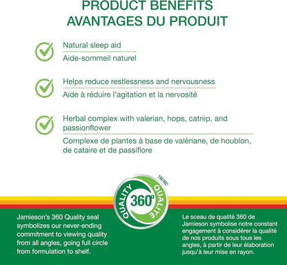 Jamieson 舒缓睡眠草本复合物，含缬草、西番莲和啤酒花，不含褪黑素。天然助眠镇静成分，非转基因，无麸质，60粒素食胶囊，加拿大制造