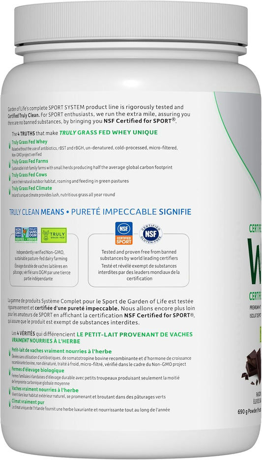 Garden of Life 運動認證草飼乳清蛋白，巧克力口味，690克，經過嚴格測試，NSF 運動認證和知情選擇認證。 23克完全蛋白質，含 6克 BCAA