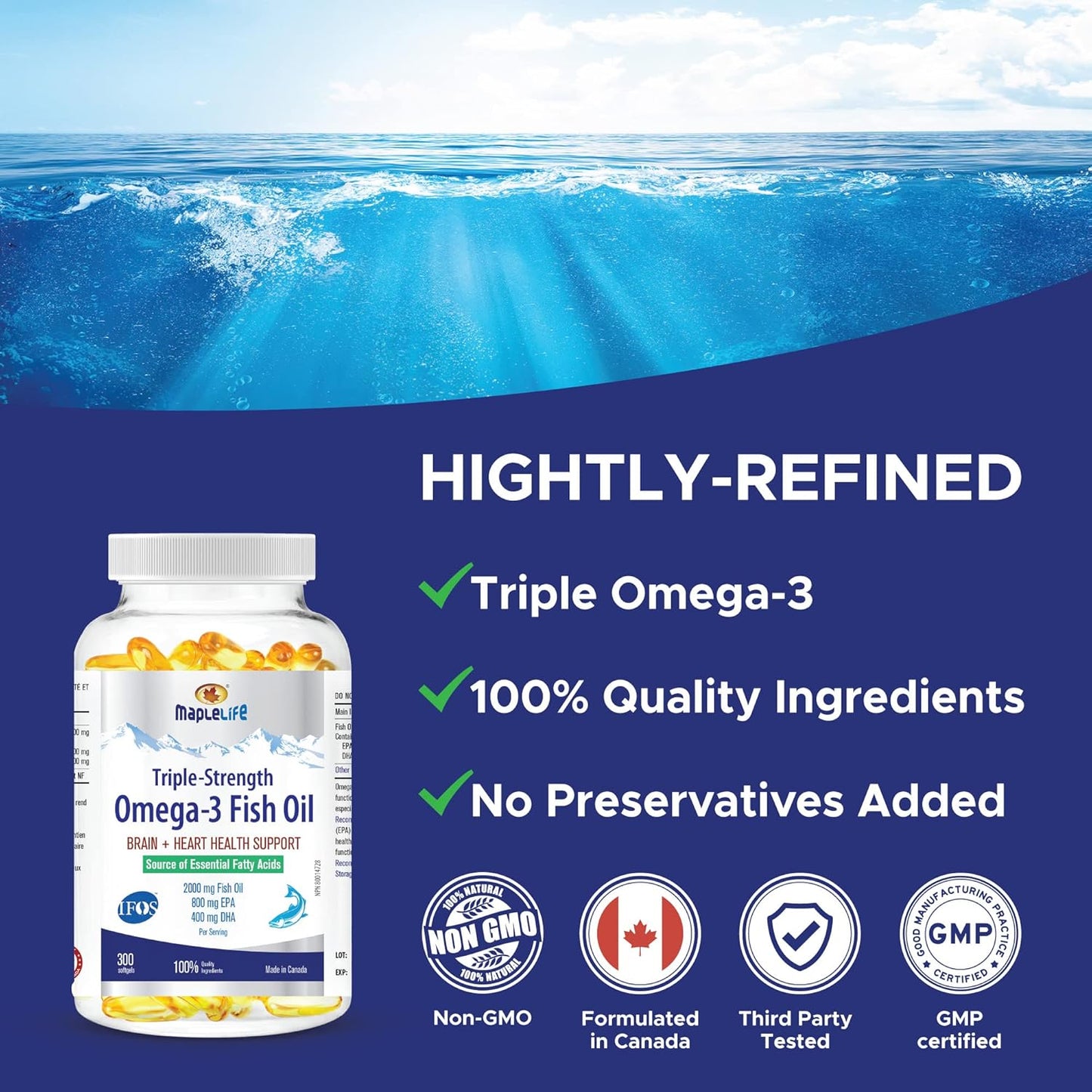 MapleLife Nutrition® - 三重强度 - Omega-3 鱼油 - 大脑 + 心脏健康 - 必需脂肪酸 - DHA、EPA - 鱼油软胶囊 2000 毫克 - 300 粒软胶囊