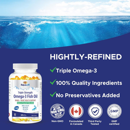 MapleLife Nutrition® - 三重强度 - Omega-3 鱼油 - 大脑 + 心脏健康 - 必需脂肪酸 - DHA、EPA - 鱼油软胶囊 2000 毫克 - 300 粒软胶囊