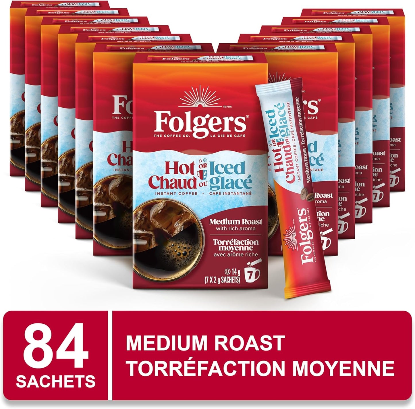 Folgers 速溶咖啡包，适用于热饮或冷饮混合饮料，速溶经典中度烘焙咖啡，7 包（12 包）