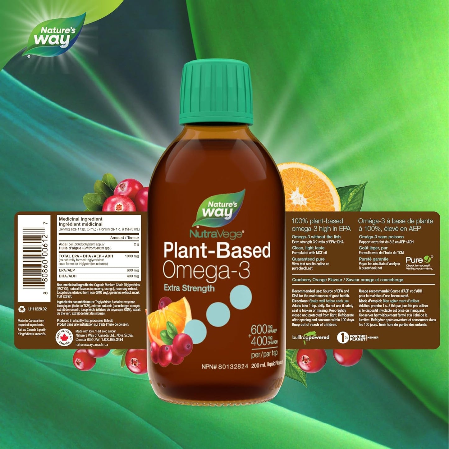 Nature's Way NutraVege 植物性 Omega-3 – 超強素食液體 Omega-3 補充劑，含 1000 毫克 EPA + DHA - 蔓越莓橙味 – 支持成人心臟、眼睛和大腦功能健康，200 毫升