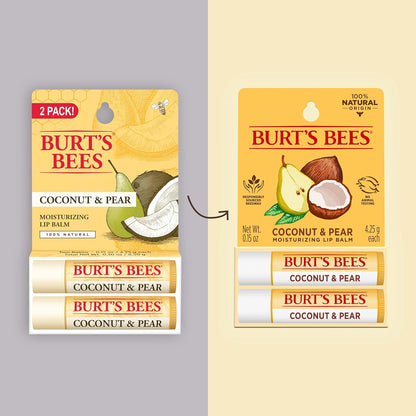 Burt's Bees 100% 天然保湿润唇膏，椰子和梨味，2 支装