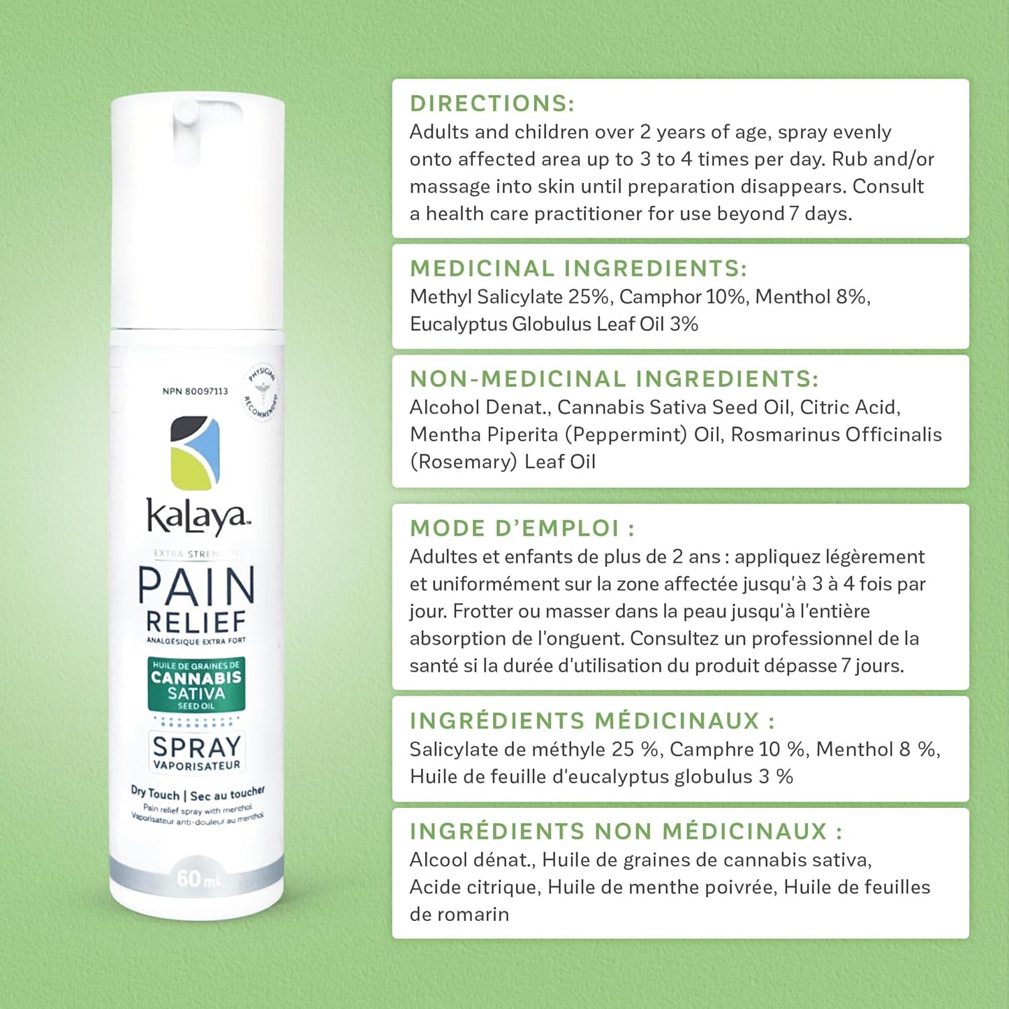 KaLaya 大麻籽油止痛喷雾 - 快速起效和快速干燥喷雾，可缓解关节炎、背痛、关节痛和肌肉痛引起的疼痛（60 毫升（1 包））