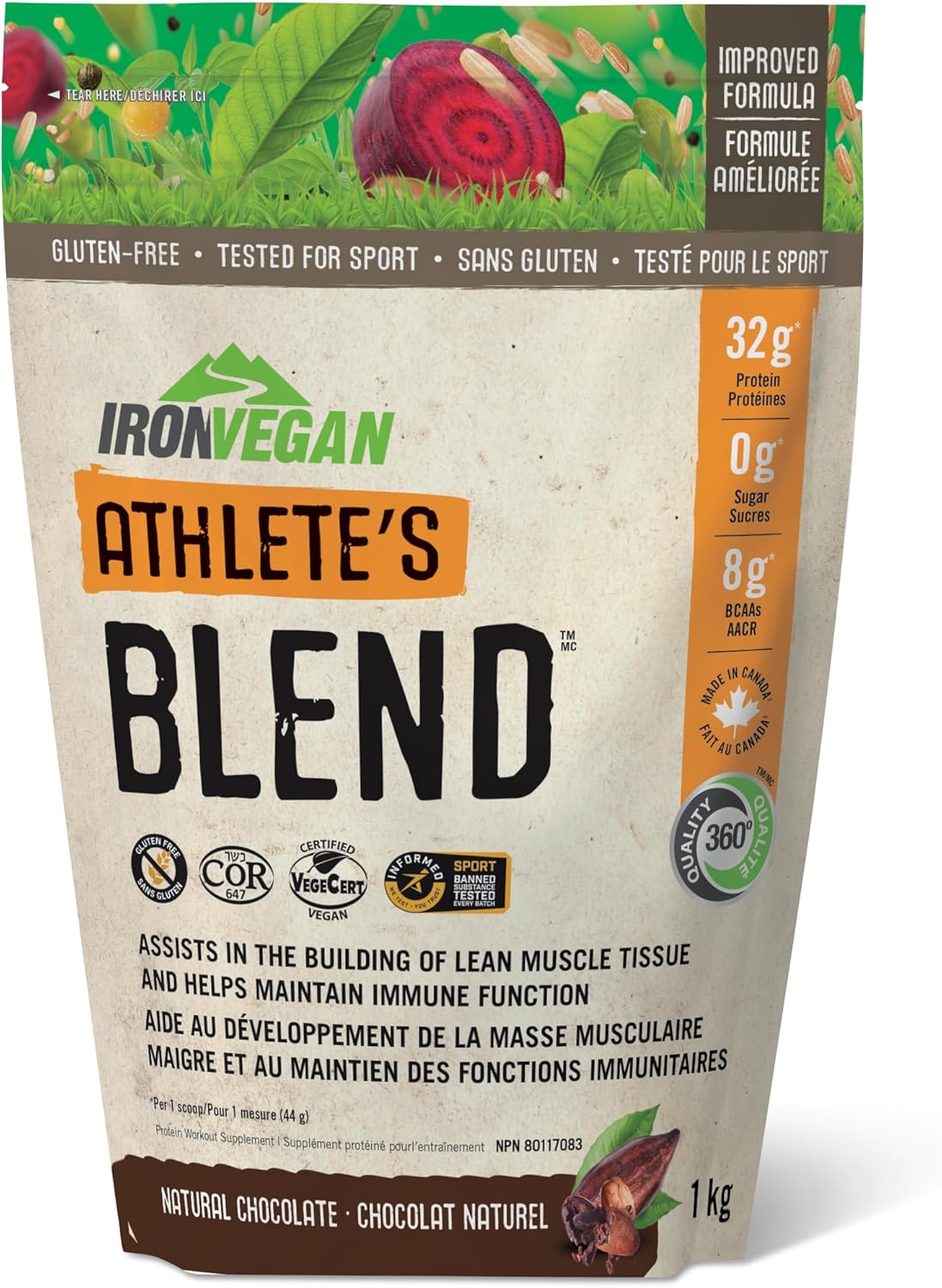 Iron Vegan 運動員混合蛋白粉，天然巧克力口味，有助於建立瘦肌肉組織。含32克植物蛋白和8克純素支鏈胺基酸，非基因改造，純素，無麩質，加拿大製造，1公斤