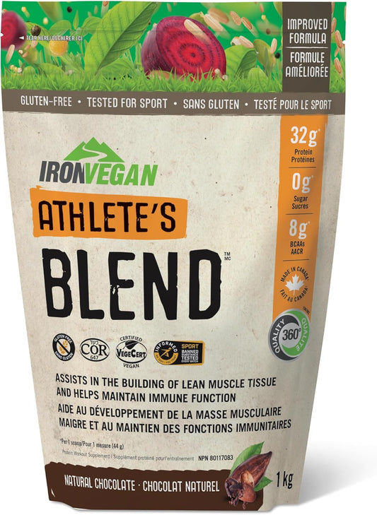 Iron Vegan 運動員混合蛋白粉，天然巧克力口味，有助於建立瘦肌肉組織。含32克植物蛋白和8克純素支鏈胺基酸，非基因改造，純素，無麩質，加拿大製造，1公斤