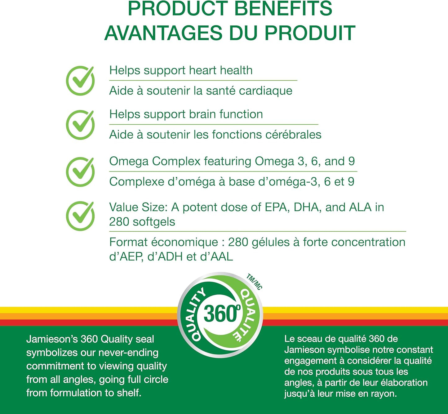 Jamieson Omega 3-6-9 软胶囊，超值装，含鱼油、琉璃苣油、亚麻籽油，提供 EPA、DHA 和 ALA。支持心脏和大脑健康，280 粒，加拿大制造