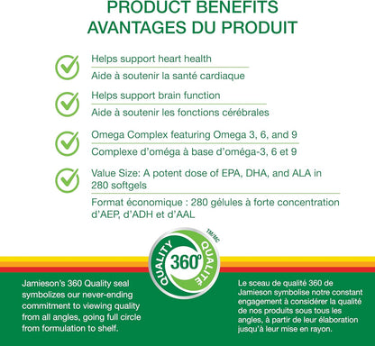 Jamieson Omega 3-6-9 软胶囊，超值装，含鱼油、琉璃苣油、亚麻籽油，提供 EPA、DHA 和 ALA。支持心脏和大脑健康，280 粒，加拿大制造