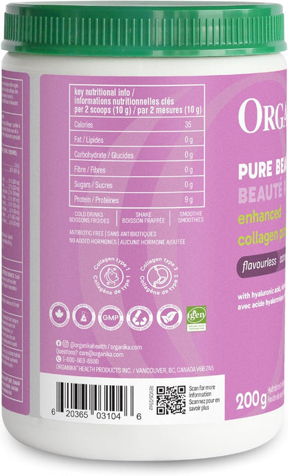Organika Canadian-Made Enhanced Collagen Pure Beauty - Combination of Collagen, Hyaluronic Acid, Vitamin C, Zinc, and Silica- 200g