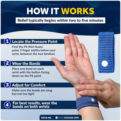 Five Oceans 暈船手環 - 暈船指壓腕帶，可自然緩解噁心、頭暈、嘔吐和暈動病 - 2 對（4 個腕帶） - FO78-M2