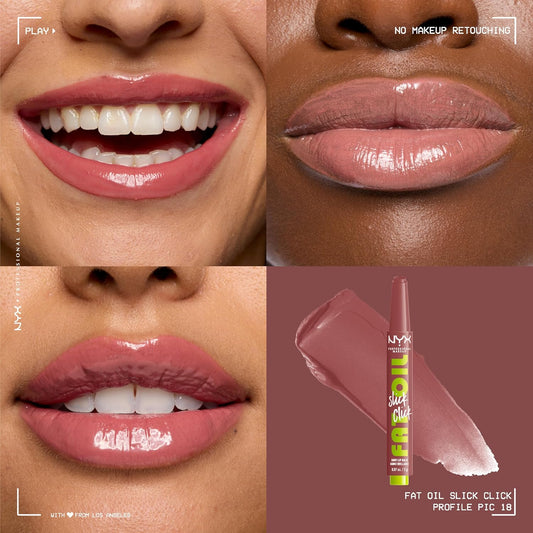 NYX 專業彩妝 Fat Oil Slick Click，潤唇膏，12 小時保濕，注入滋養油，高光澤效果，可疊加顏色，顏色：Profile Pic（裸粉色）