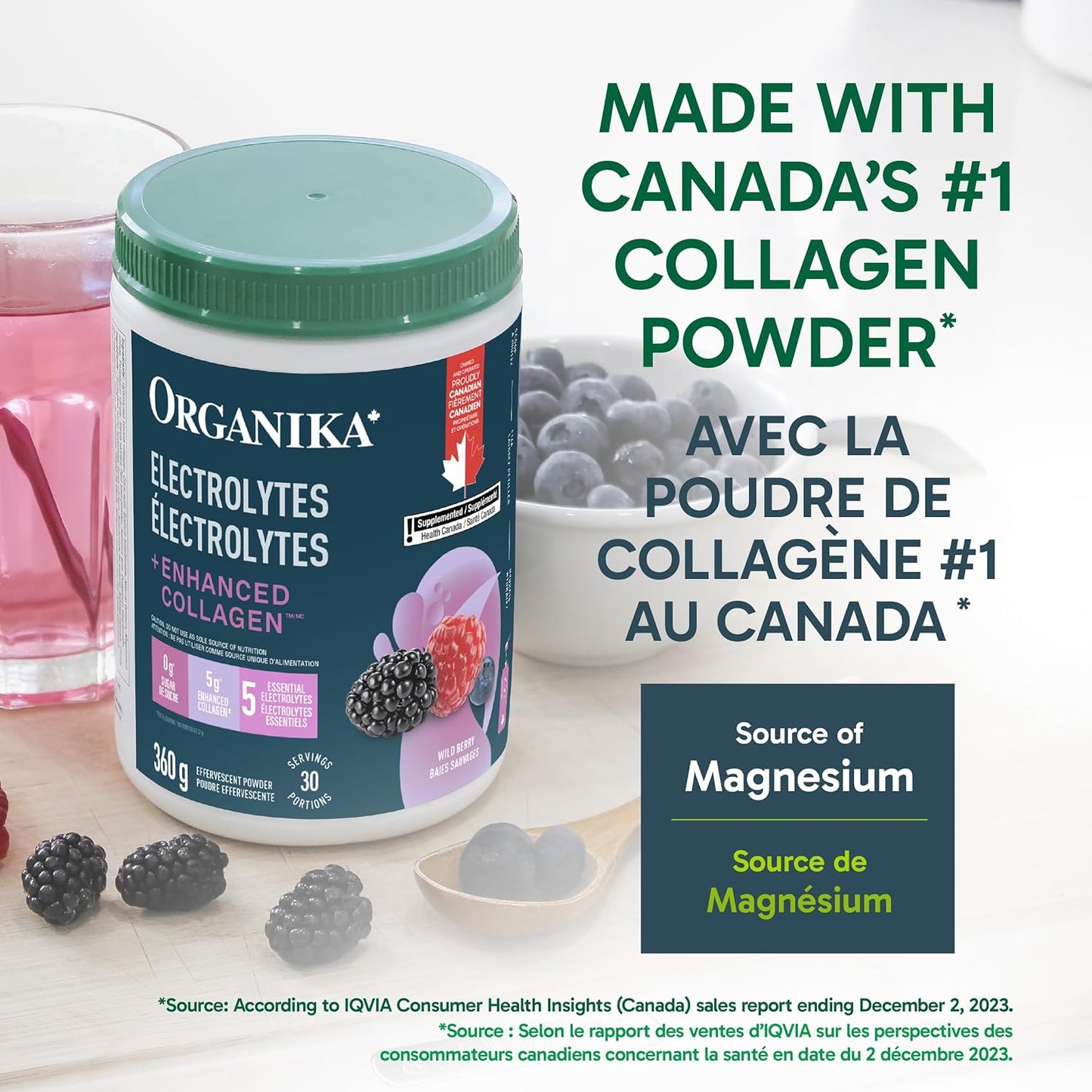 Organika 加拿大製造電解質 + 增強膠原蛋白 - 野莓口味 - 無糖補水 | 5 克蛋白質 + 100% 每日所需維生素 C | 360 克，30 份
