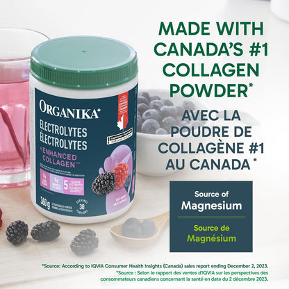 Organika 加拿大製造電解質 + 增強膠原蛋白 - 野莓口味 - 無糖補水 | 5 克蛋白質 + 100% 每日所需維生素 C | 360 克，30 份