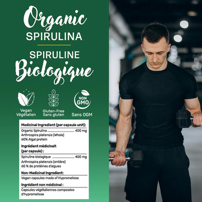 甘道夫加州純有機螺旋藻 400 毫克 200 粒素食膠囊 - 純素、非基因改造、無麩質 - 藍綠藻，富含鐵和抗氧化劑的營養豐富的超級食品，加州種植