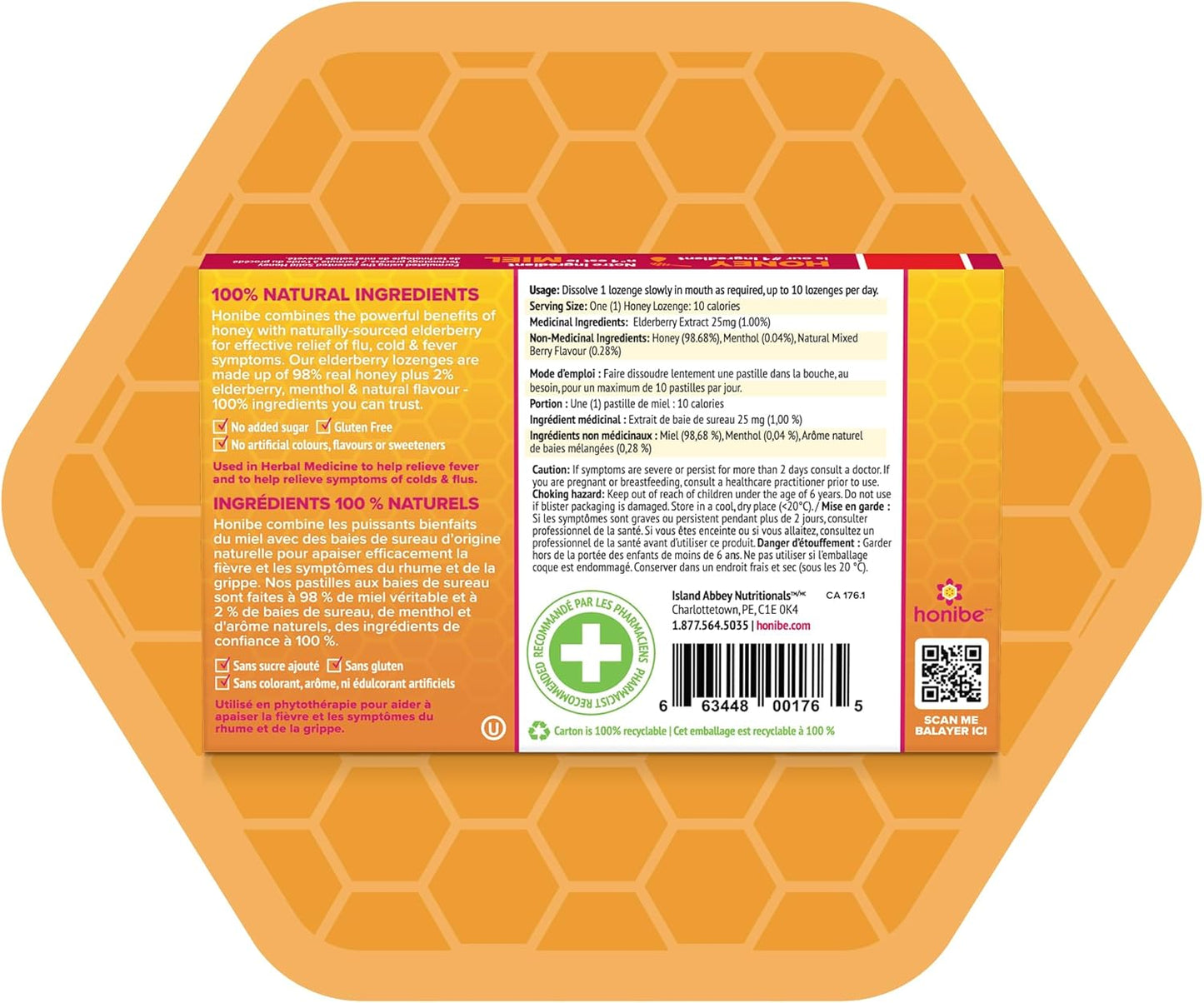 Honibe 100% 纯蜂蜜润喉糖，加拿大制造，缓解痰液和咳嗽，含接骨木果，1 包（10 粒润喉糖），天然浆果