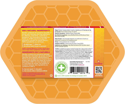 Honibe 100% 纯蜂蜜润喉糖，加拿大制造，缓解痰液和咳嗽，含接骨木果，1 包（10 粒润喉糖），天然浆果