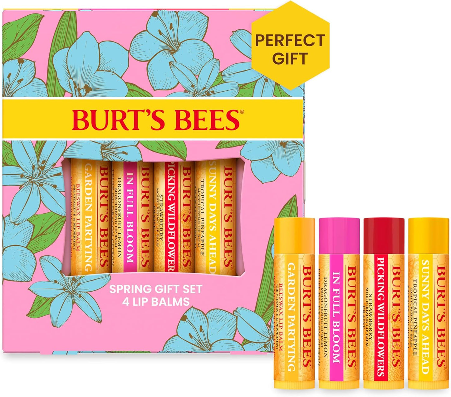 Burt’s Bees 盛开润唇膏套装 - 男女通用，4 件装（原味蜂蜡、火龙果柠檬、热带菠萝、草莓）每件 0.15 盎司