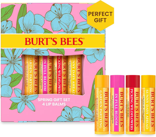 Burt’s Bees 盛开润唇膏套装 - 男女通用，4 件装（原味蜂蜡、火龙果柠檬、热带菠萝、草莓）每件 0.15 盎司