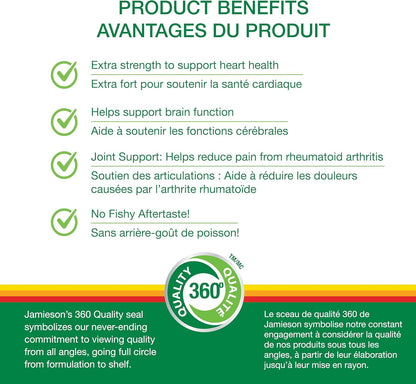 Jamieson 強效 Omega-3 700 毫克，無魚腥味，支持心臟、大腦和眼睛健康，緩解關節炎。富含 EPA 和 DHA，非基因改造，無麩質，100 粒軟膠囊，加拿大製造