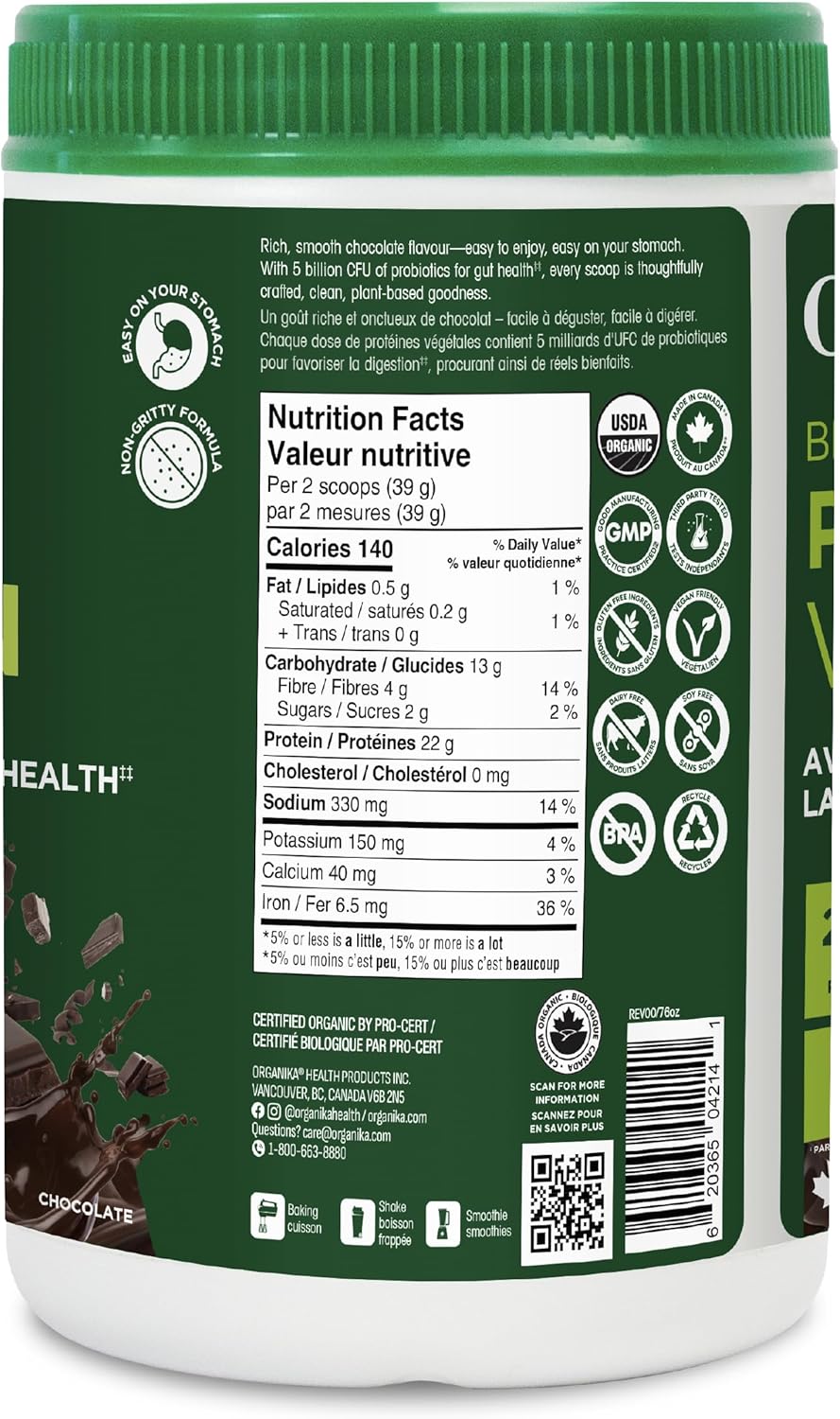 Organika 有機植物蛋白粉巧克力味，含益生元和益生菌 - 22 克純素蛋白，4 克膳食纖維，支持消化、腸道健康、能量和肌肉恢復 - 低糖，非基因改造 - 780 克