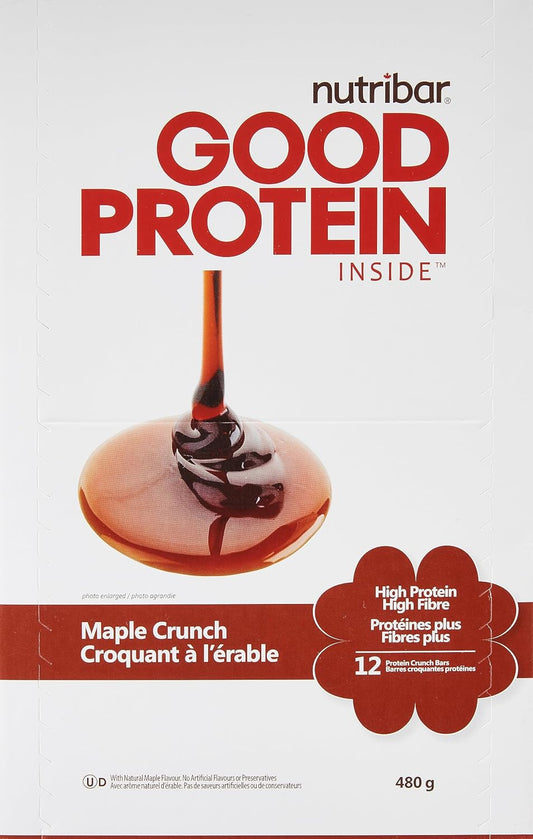 Nutribar Good Protein High Protein Bars Maple Crunch, Made in Canada, 14g Protein, 12 Bars