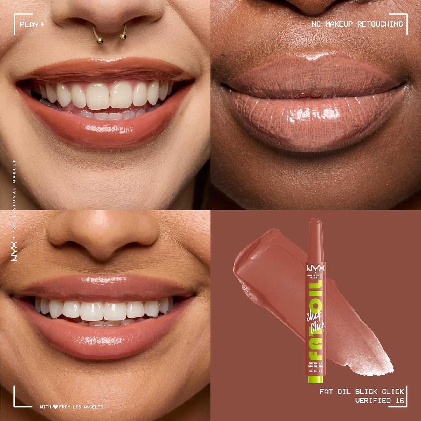 NYX Professional Makeup Fat Oil Slick Click, Lip Balm, 12 HR Hydration, Infused With Nourishing Oils, High Shine Finish, Buildable Colour, Shade: Verified (Nude)