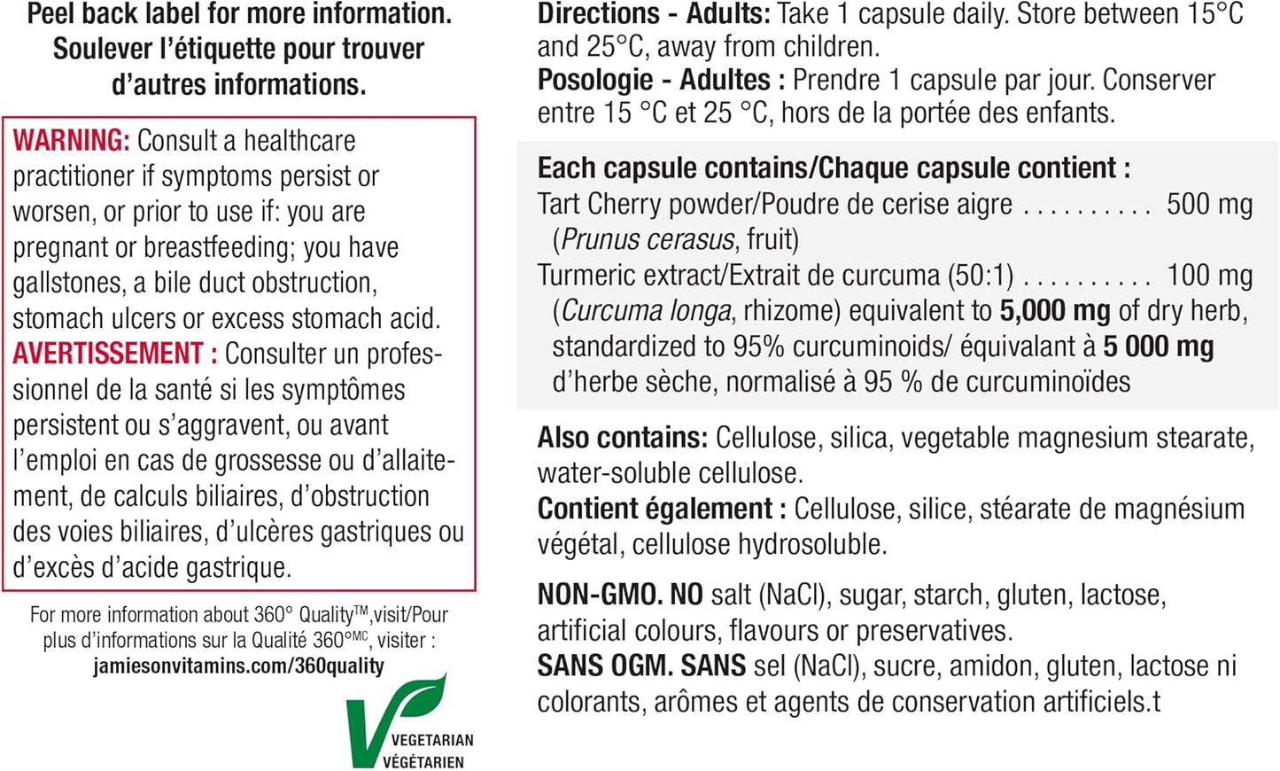 Jamieson姜黄100毫克，含酸樱桃500毫克，天然缓解关节疼痛，消炎助消化。非转基因，30粒素食胶囊，加拿大制造