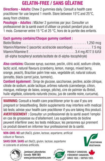 Jamieson 强效生物素软糖，含维生素 C 和 E，混合口味，有助于滋养浓密秀发、改善肌肤健康、强韧指甲。素食，不含明胶、麸质，不含人工香料、色素或防腐剂……