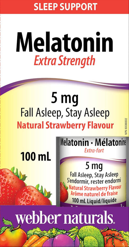 Webber Naturals Melatonin 5 mg Extra Strength Liquid, 100 mL, Strawberry Flavour, For Sleep Support, Vegan