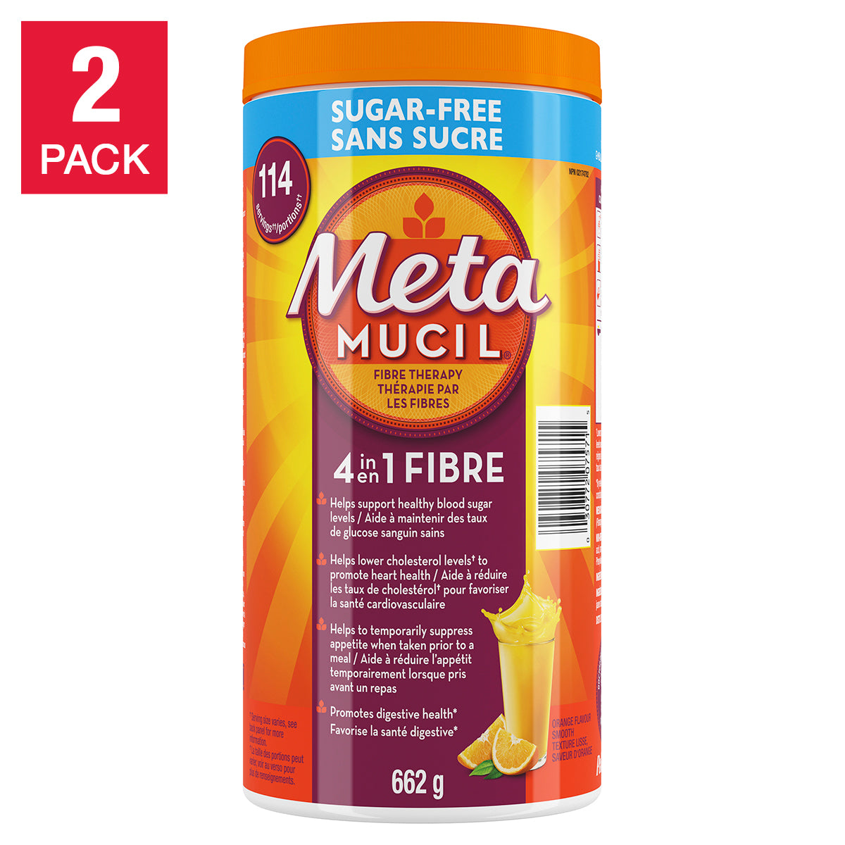 Metamucil 4合1複合營養纖維補充粉（無糖，橙口味），2 x 114劑