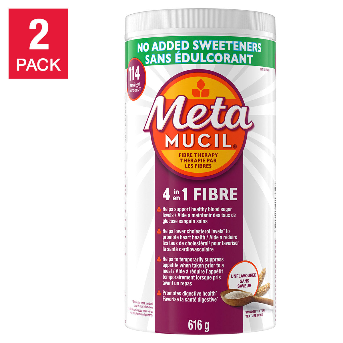 Metamucil 4合1無添加甜味劑纖維療法，2 x 114劑