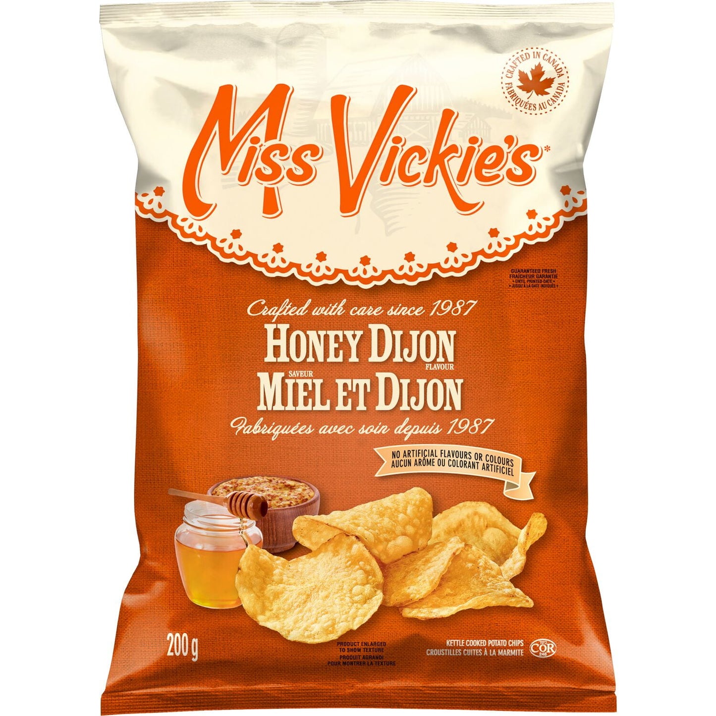 Miss Vickie's Honey Dijon flavour Kettle Cooked Potato Chips, 200 g.